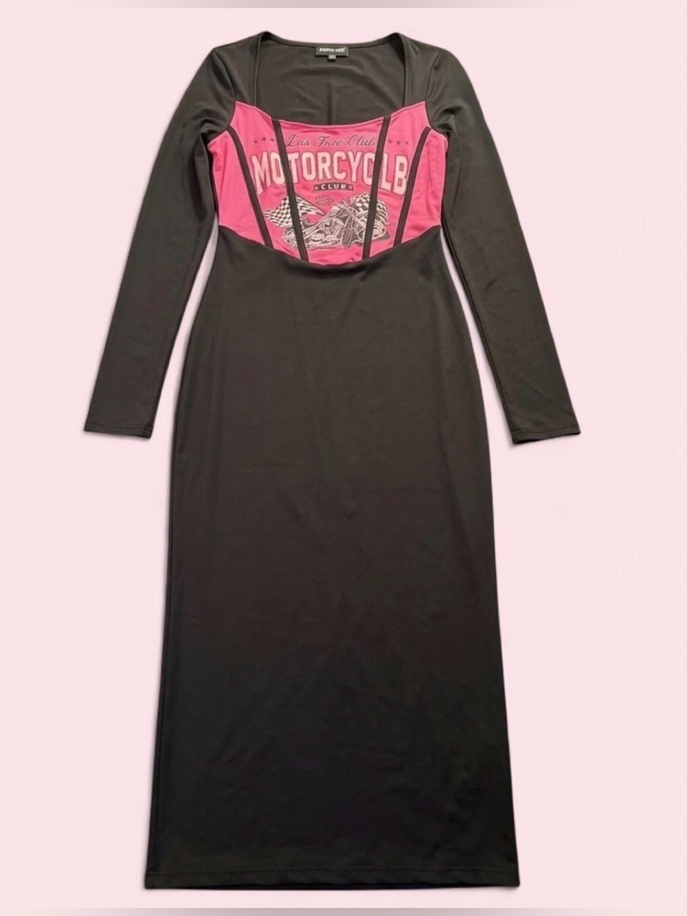 Black Maxi Dress with Pink Motorcycle Graphic Panel